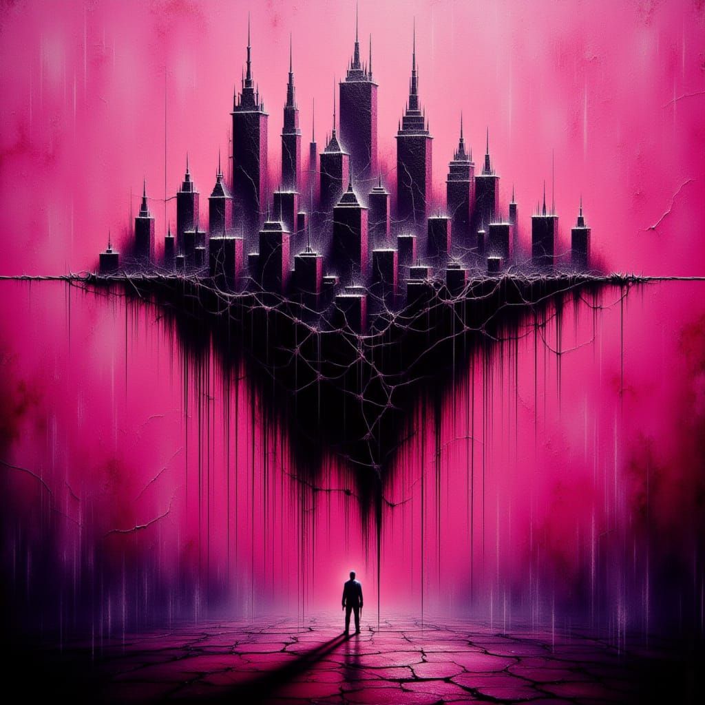 Melting Cityscape in Magenta Sky, Surrealist Oil Painting