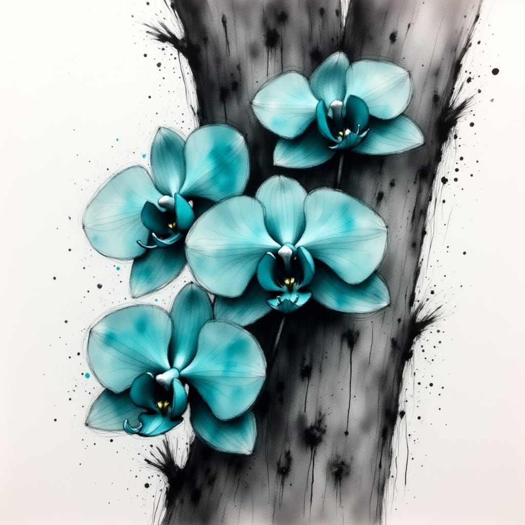 Charcoal Drawing of Orchid on Tree Trunk