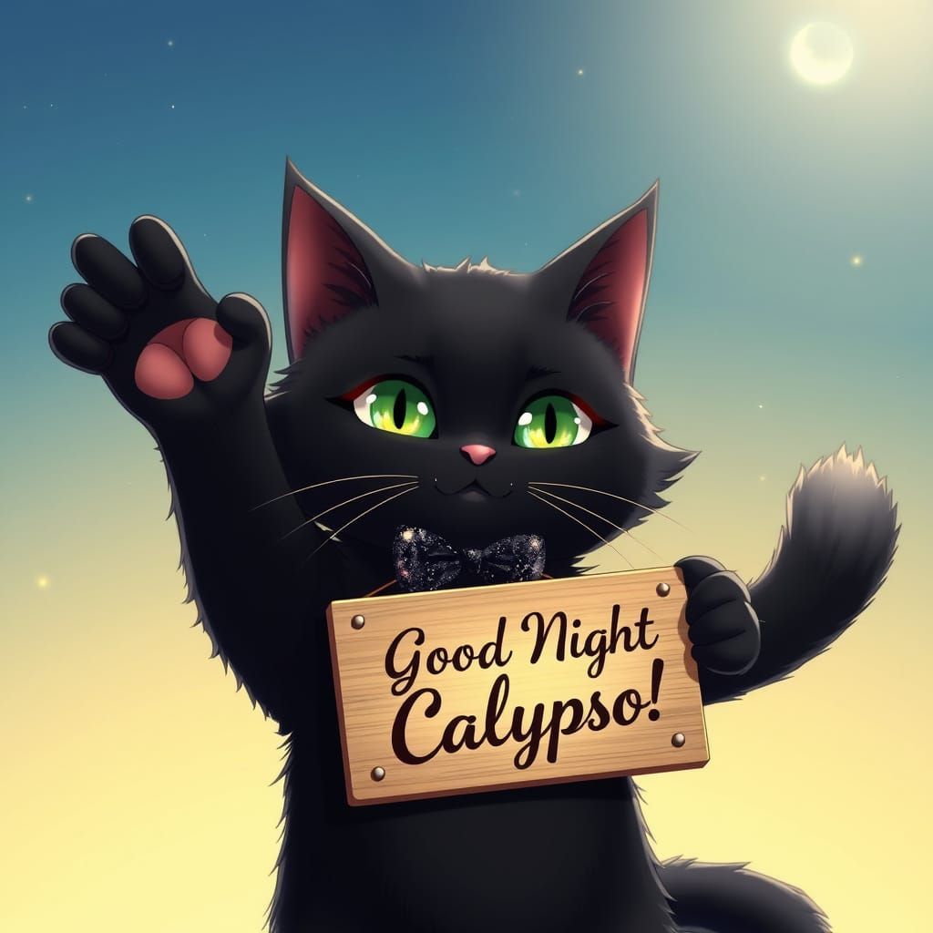 A Majestic Black Cat Waves Farewell in 3D Anime Style