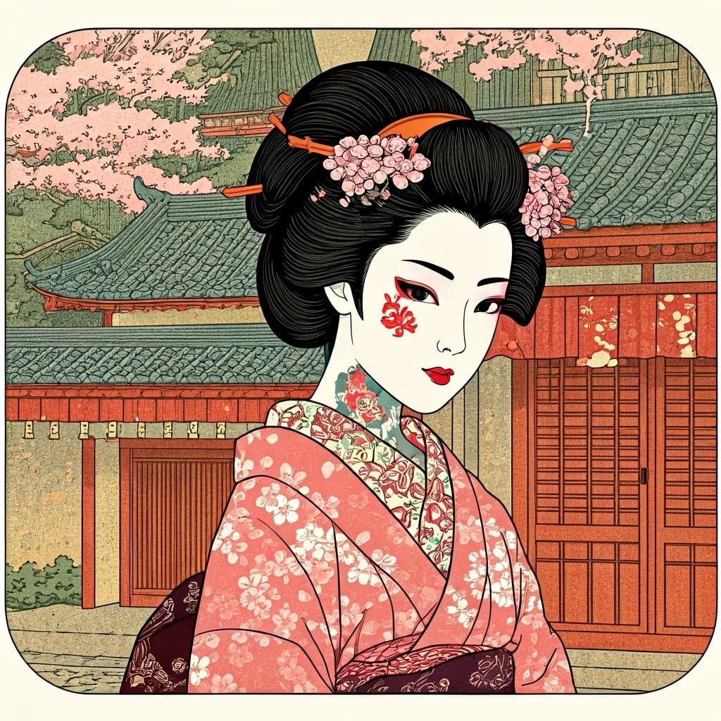 Geisha in Cherry Blossom Kimono, Ukiyo-e Style