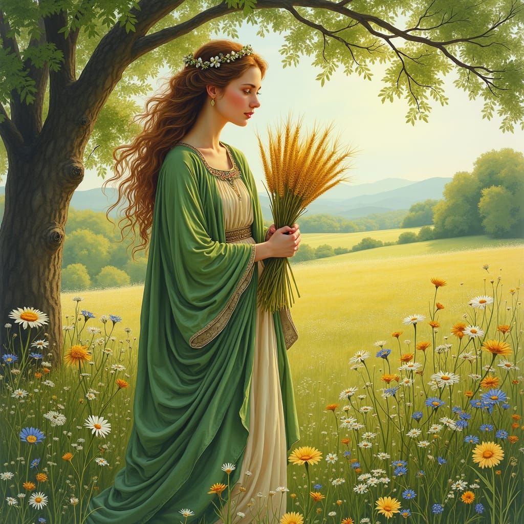 Goddess Kore in Spring Meadow, Pre-Raphaelite Style