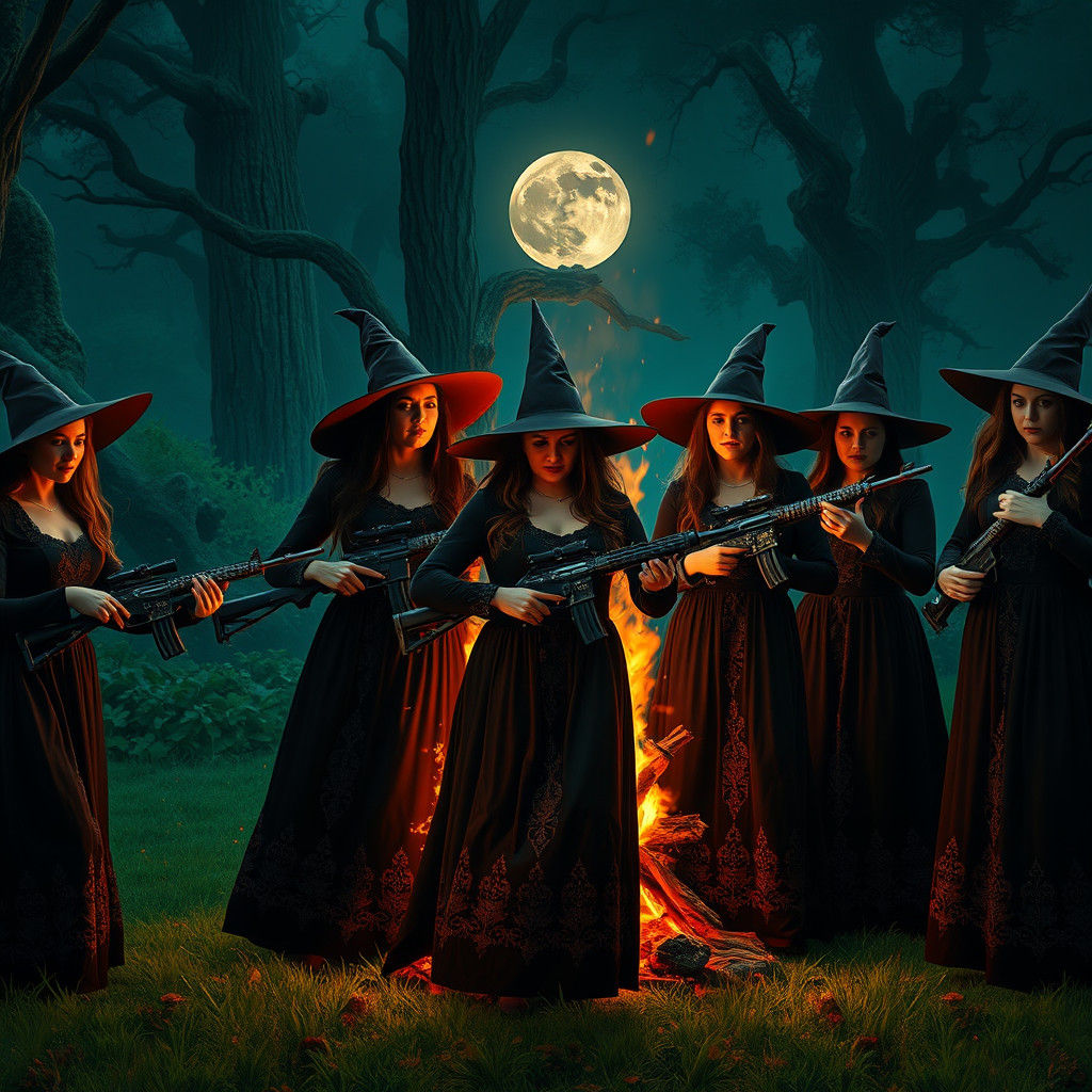 Witches Dancing with AR-15s in Matte Painting Style