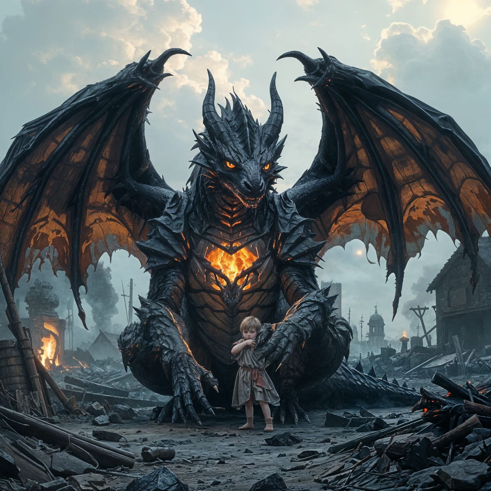 Gentle Soot Dragon in Ruined Village