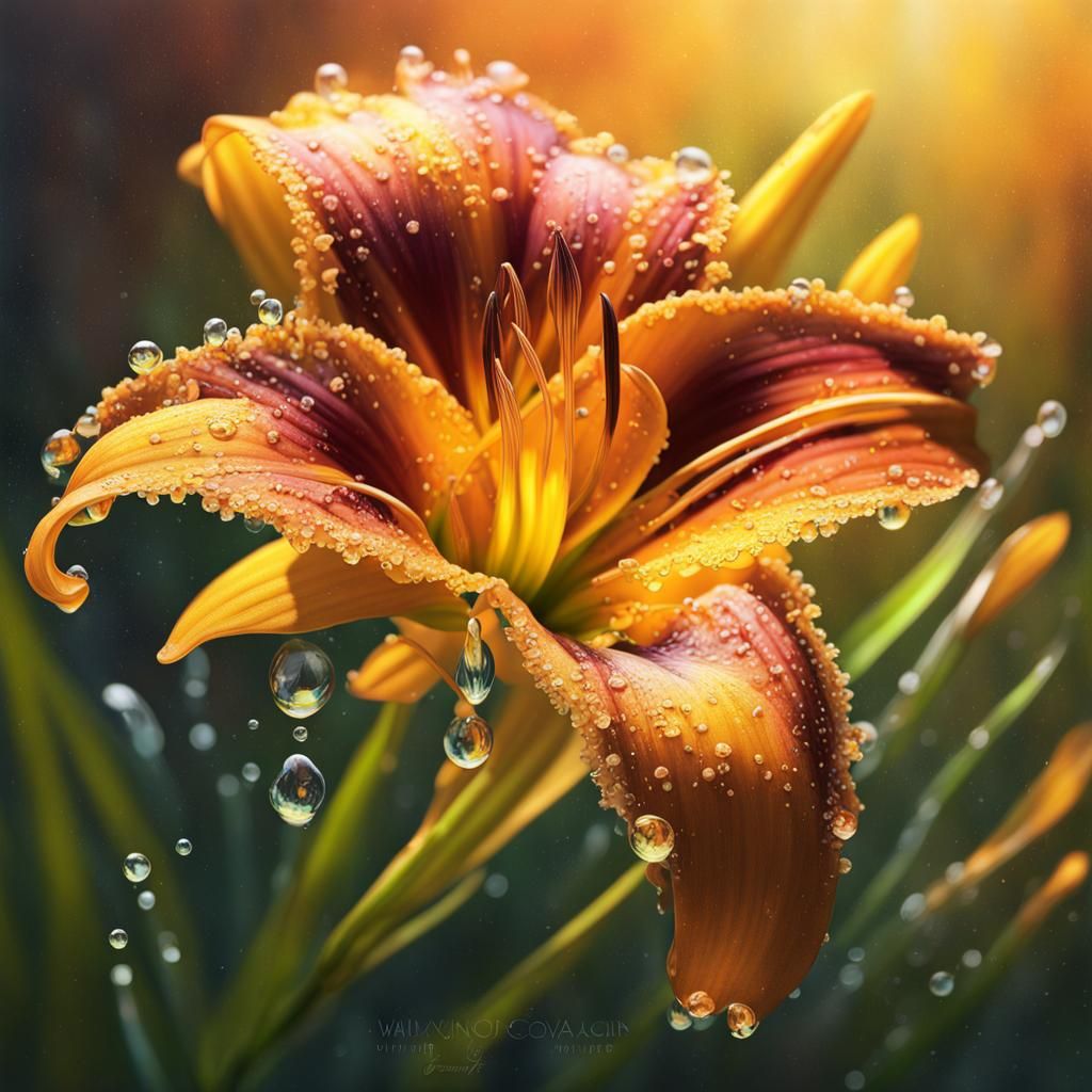 Daylilies in Morning Dew: Hyperrealistic Splash Art