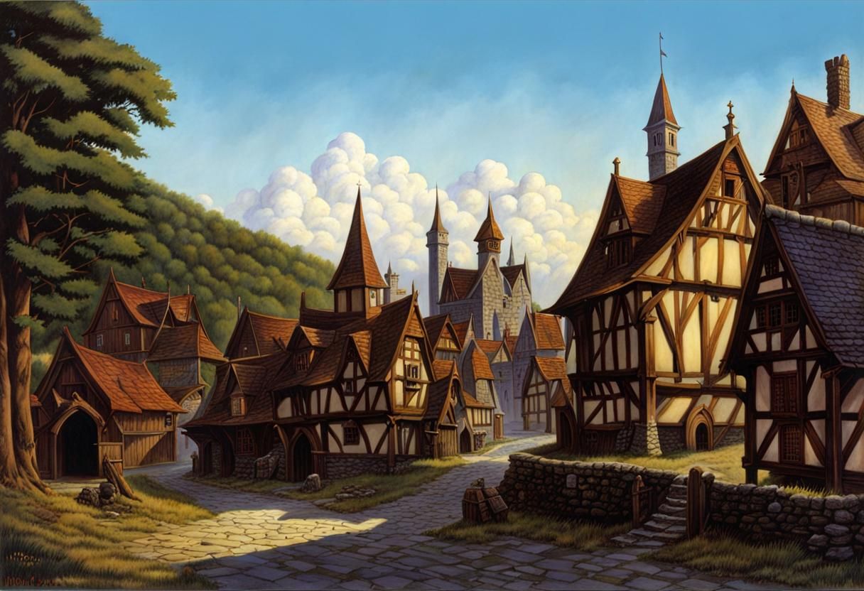 Gloomy Medieval Fantasy Town Illustration