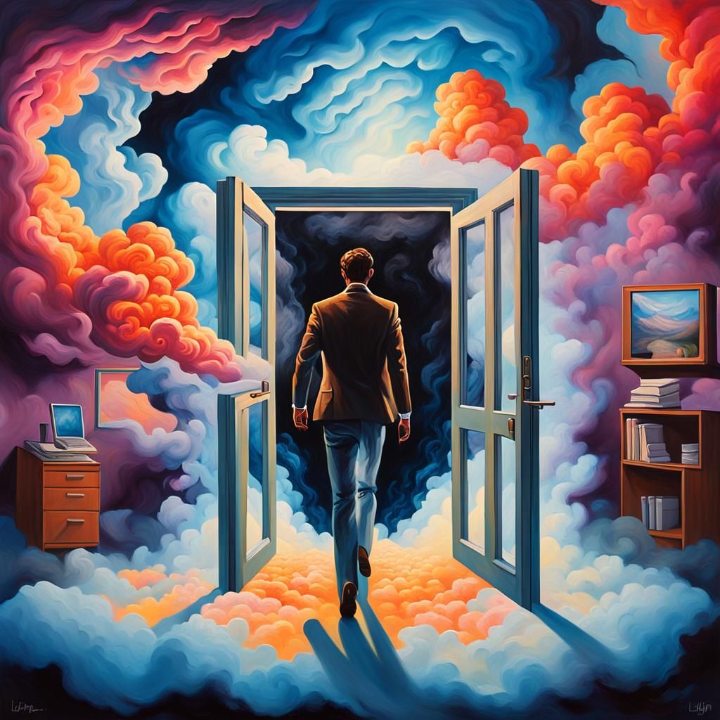 Surreal Portal Opens Into Office, Oil Painting