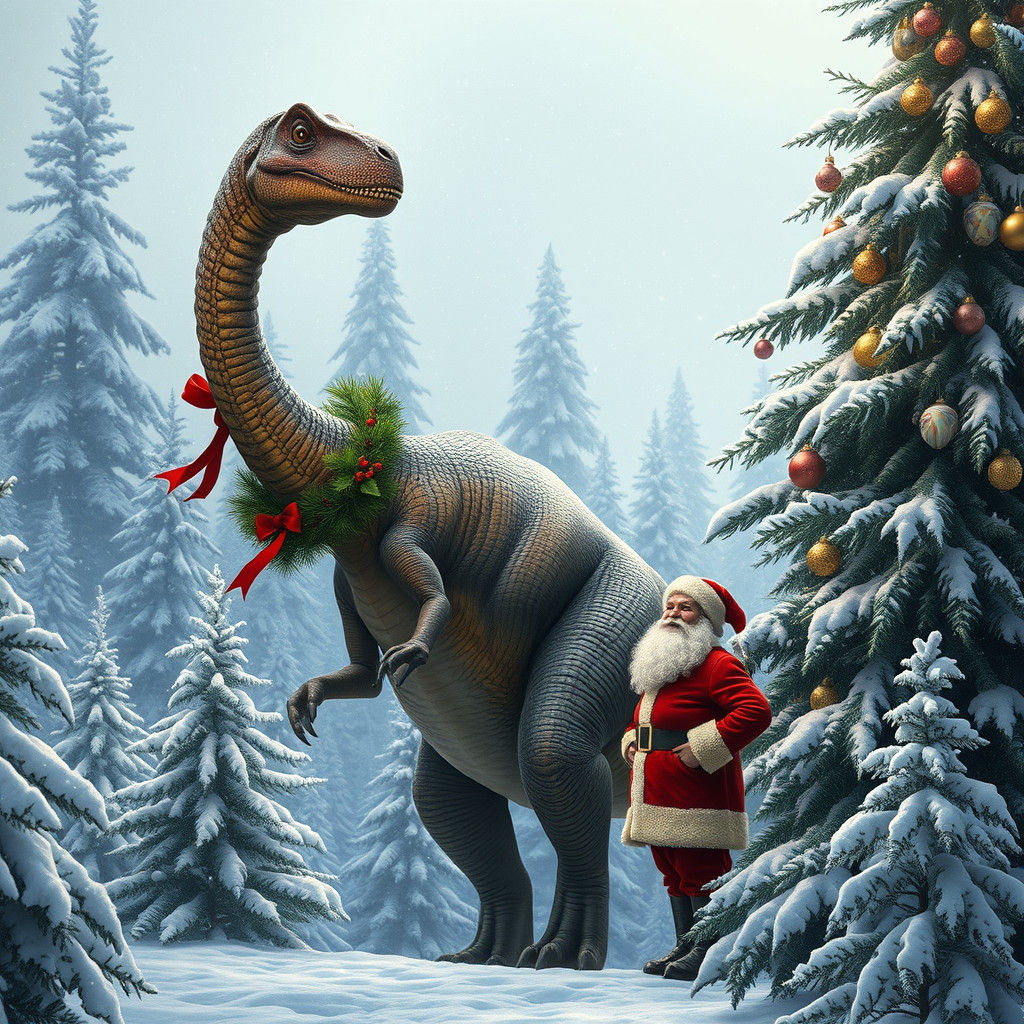 Santa and Diplodocus Christmas Scene in Digital Painting