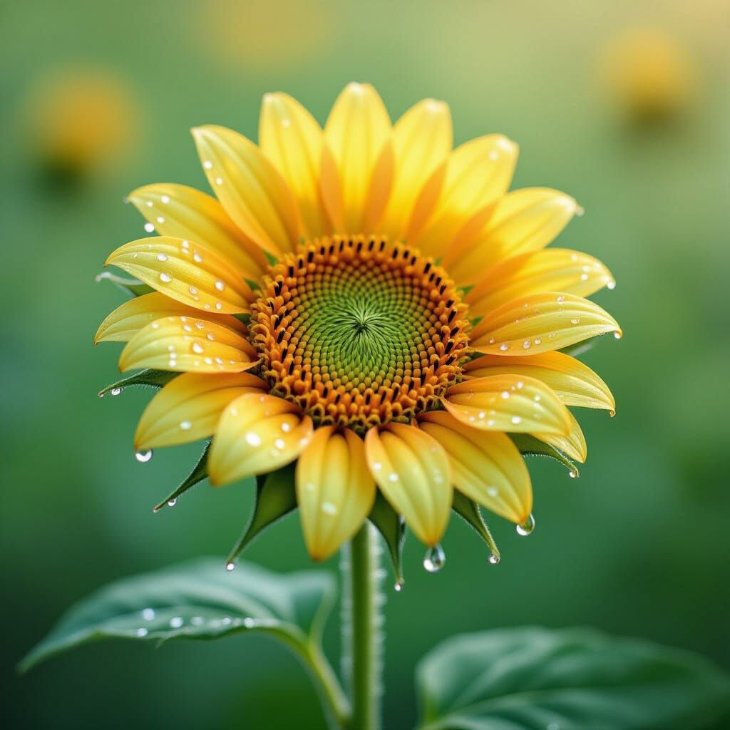 Knitted Sunflower in Profile With Dew Drops