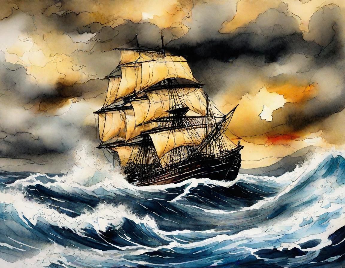 Shipwreck in Turbulent Stormy Seas in Expressive Ink Style