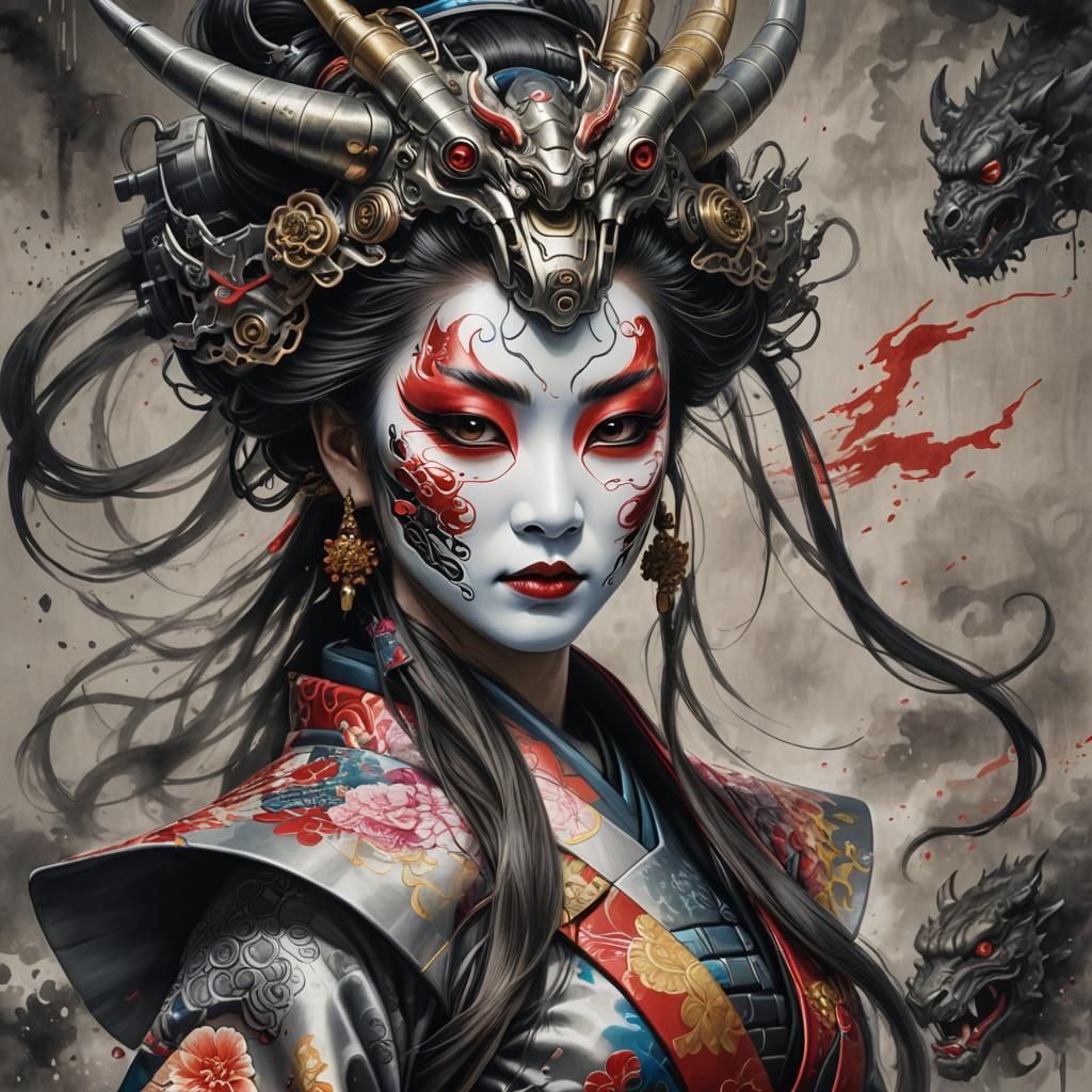 Robotic Geisha with Oni Mask in Cyberpunk Style