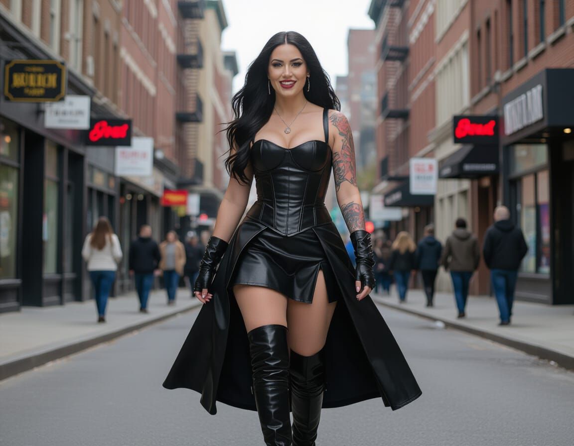 Goth Elf Woman in Leather on City Street
