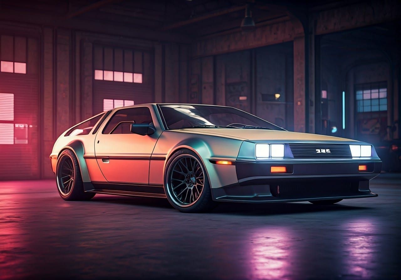 Futuristic DeLorean DMC 12 in High-Tech Garage