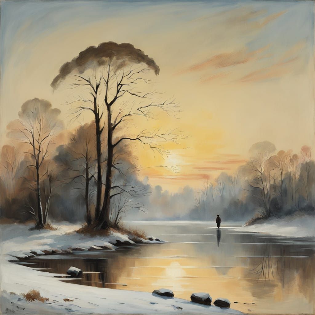 Winter Landscape at Dawn, in Soft, Muted Realism