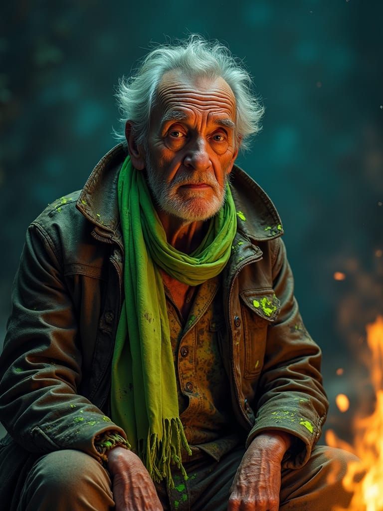 Elderly Painter by Campfire in Rembrandt-esque Lighting