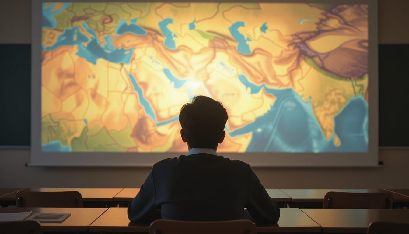 Teen Student Gazes at Melting Middle East Map in Dim Classro...