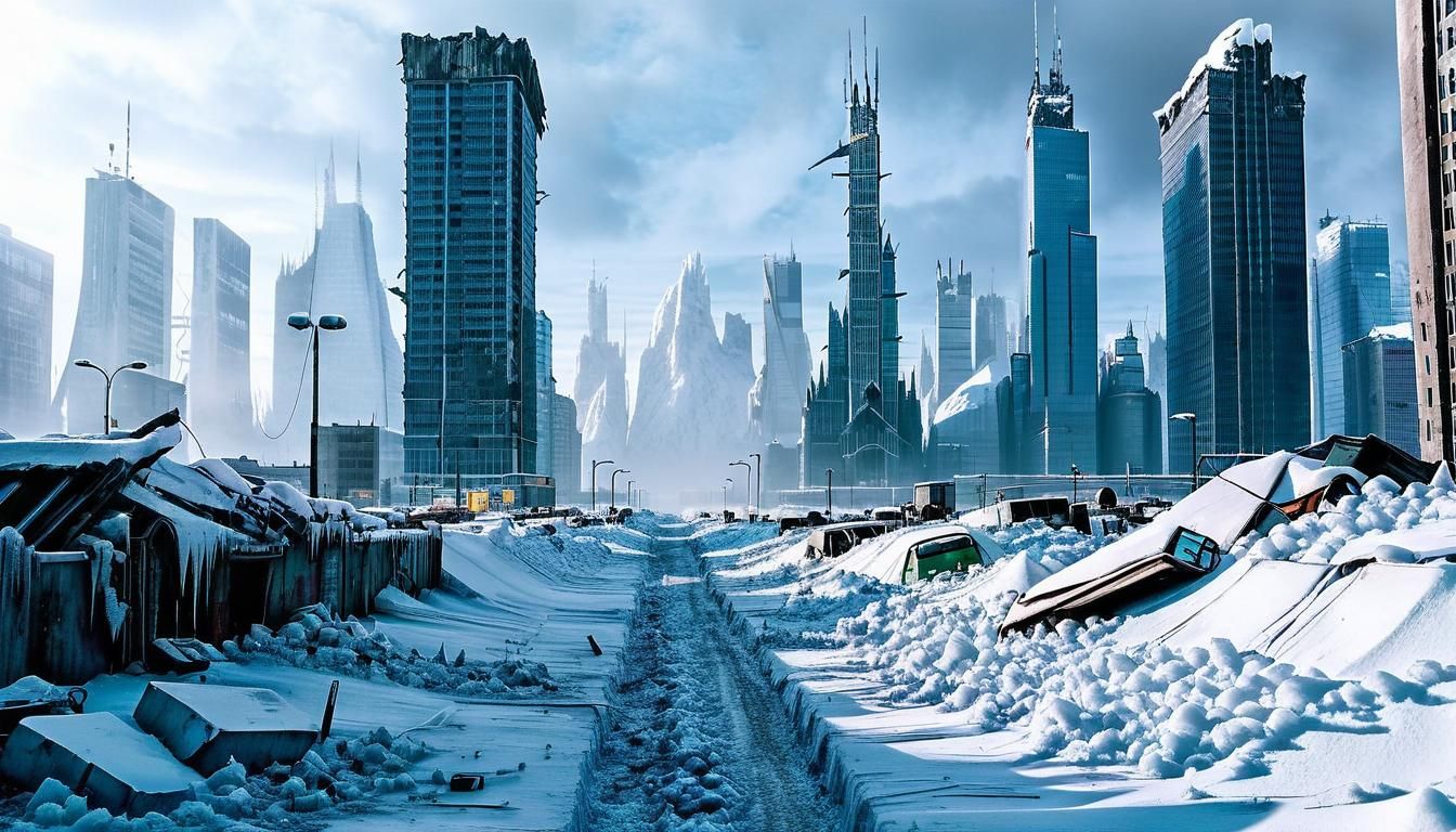 Frozen Apocalypse: Shattered Skyscrapers Rise from Snowy Rui...