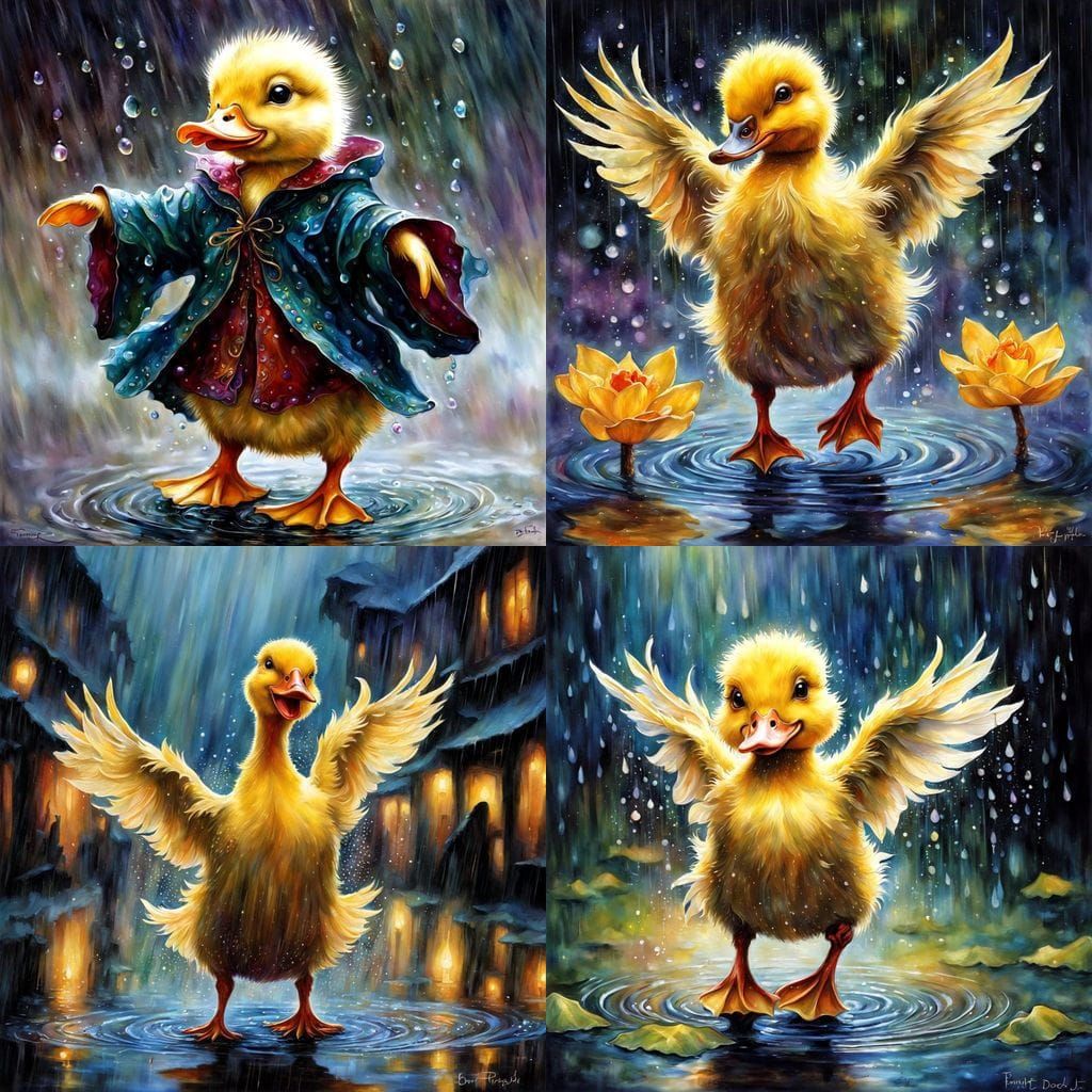 Duckling's Whimsical Dance in Rainy Fantasy