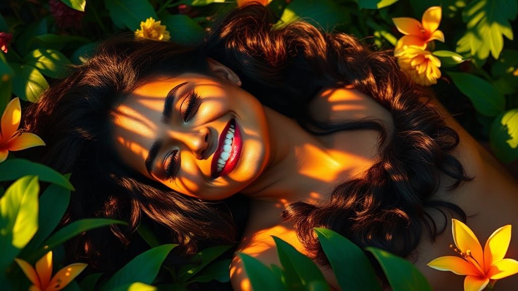 Woman in Jungle: Digital Art with Volumetric Lighting