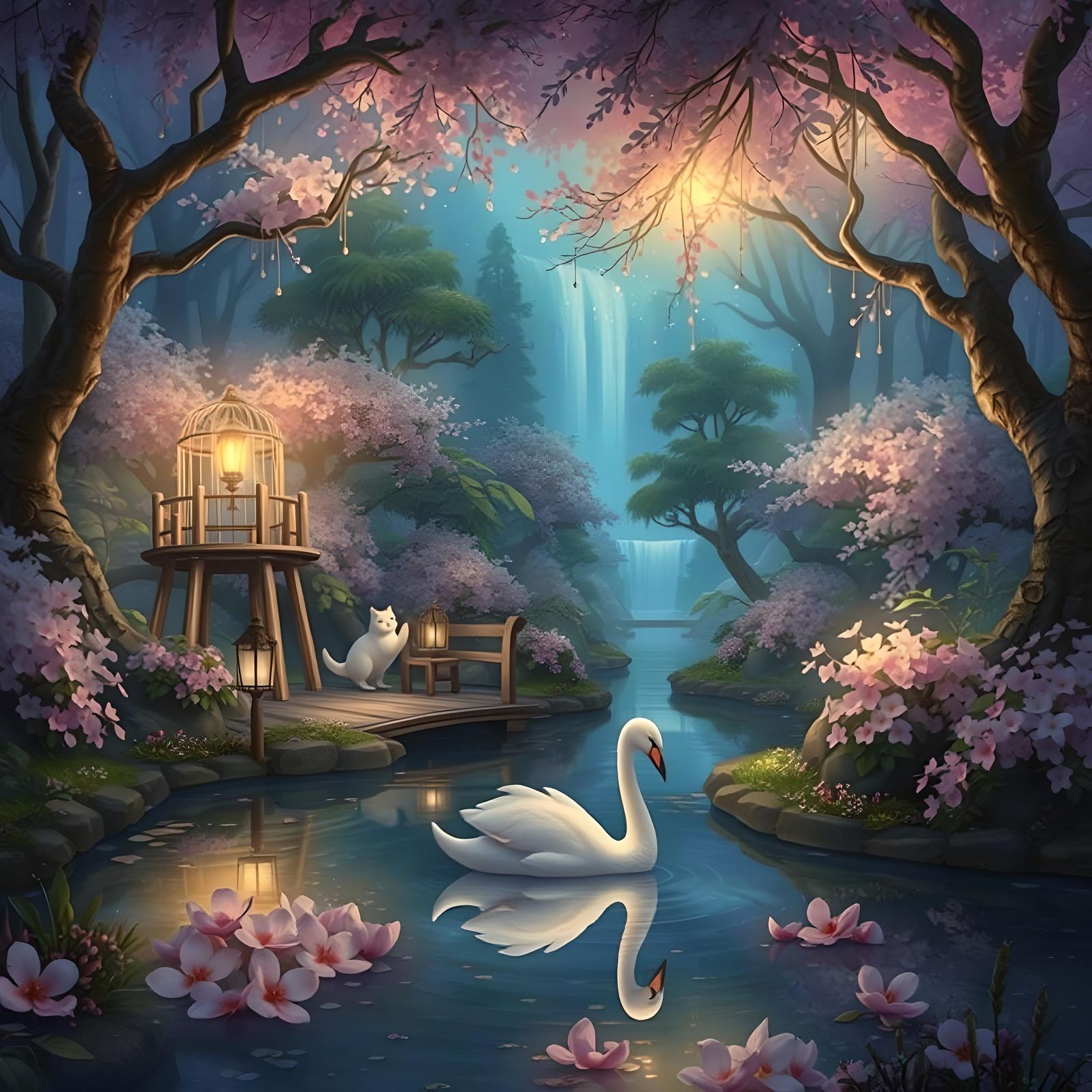Magical Forest with Swans and Sleeping Woman in 3D
