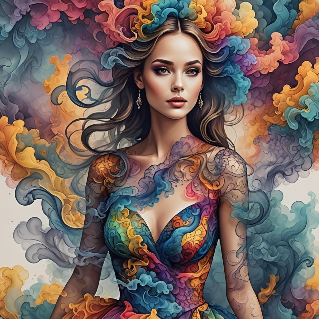 Woman in Dress of Colorful Smoke Clouds