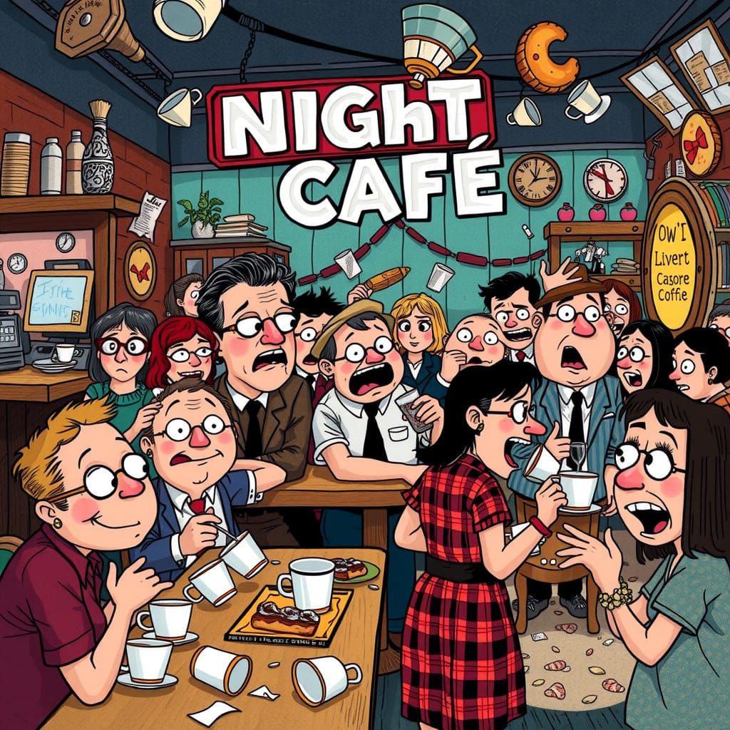 Whimsical Night Café Scene: Comical Chaos in Vibrant Illustr...