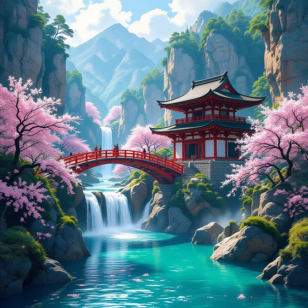 Japanese Temple Mountainside Scene in Digital Art Style