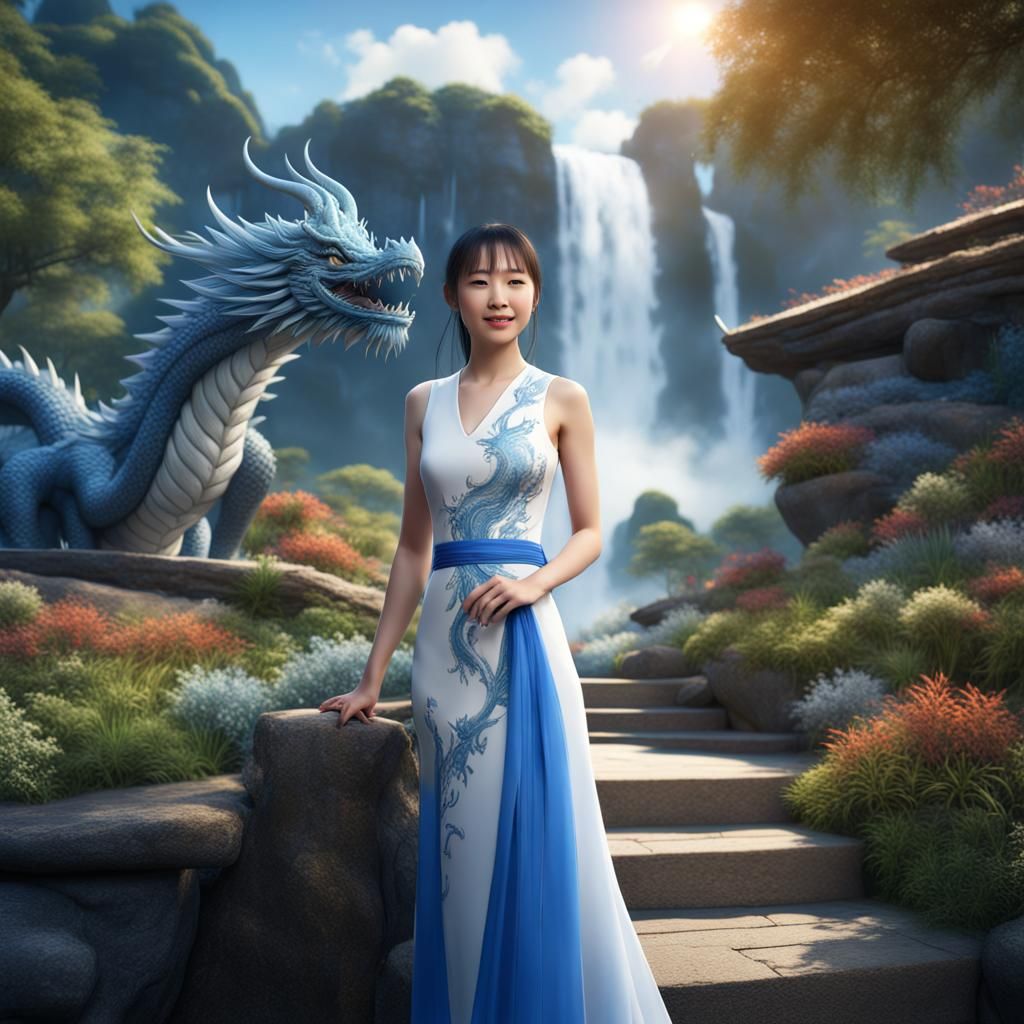 Asian Girl with Blue Dragon in Fantasy Garden