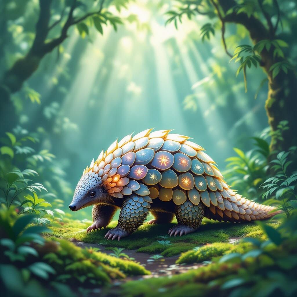 A majestic pangolin, adorned with delicate, glowing floral p...
