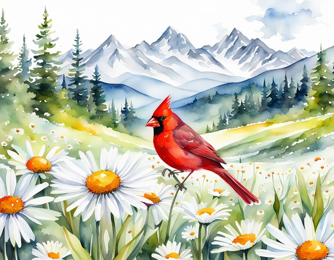 Watercolor Cardinal in Daisy Field Scene