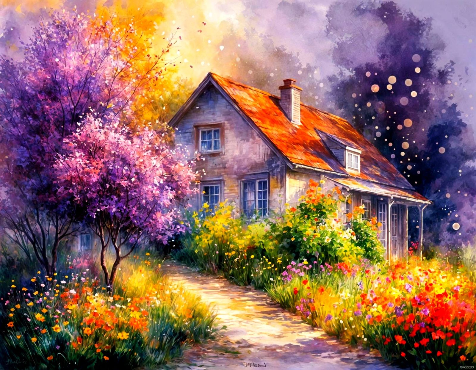 beautiful little cottage surrounded by colourful flower gardens