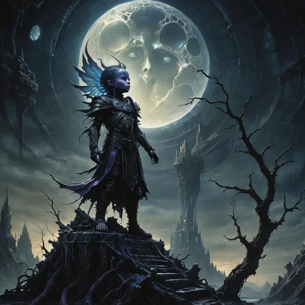Eerie Glowing Child on Derelict Throne, Dystopian Surrealism