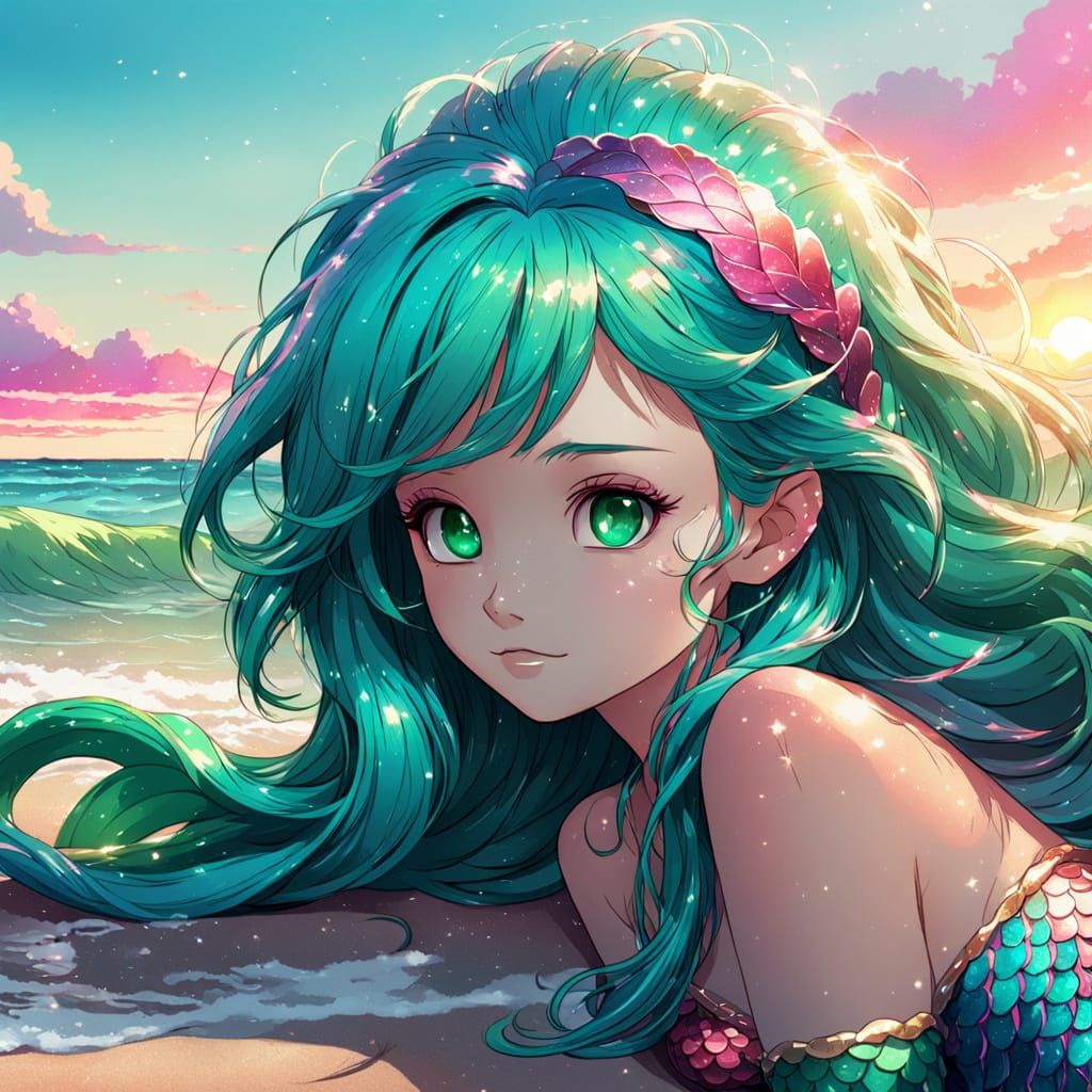Anime Mermaid with Aqua Hair on Beach
