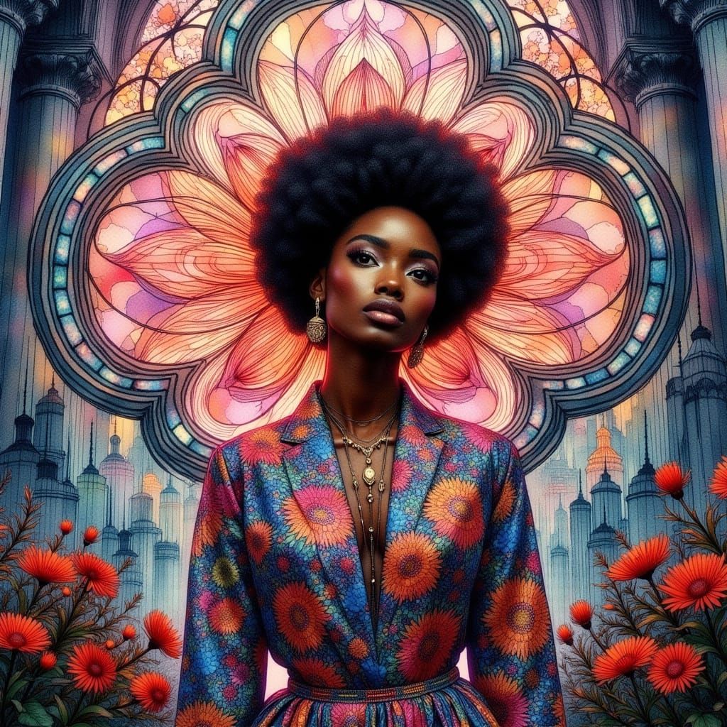 <lora:Flax:1.0> Afrofuturistic woman with natural afro hair