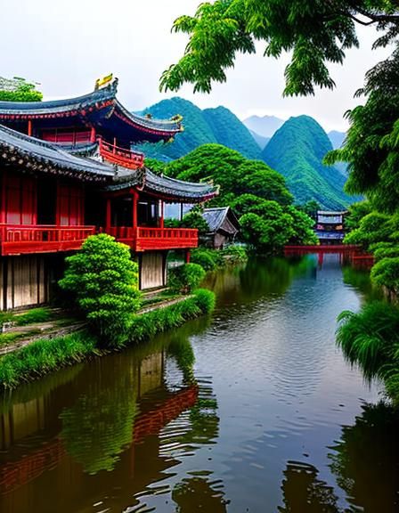 Asian, Landscape, houses,river ,old