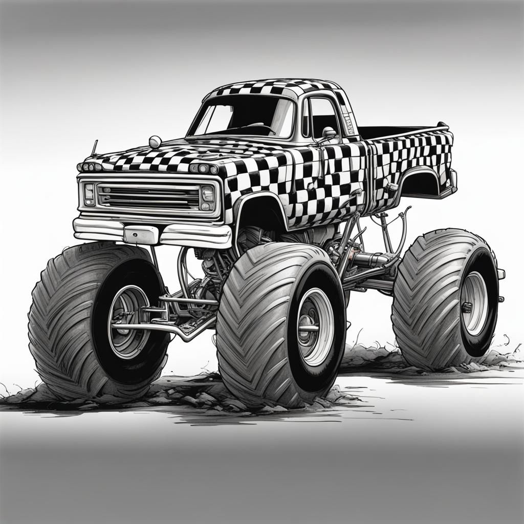 Checkered Monster Truck in Pixar Style
