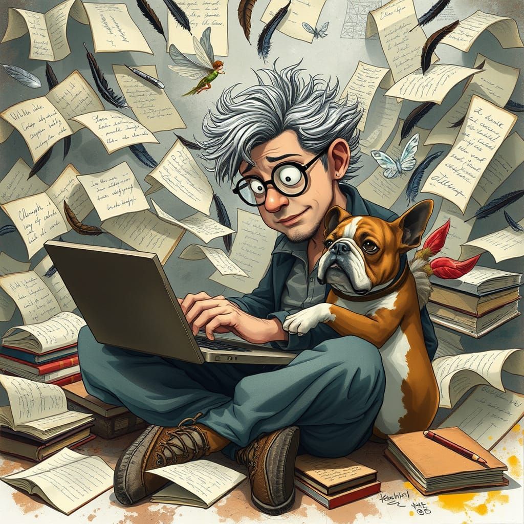 Intense Writer Surrounded by Whimsical Chaos in Creative Fer...