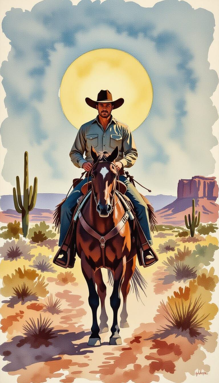 Lone cowboy on horseback