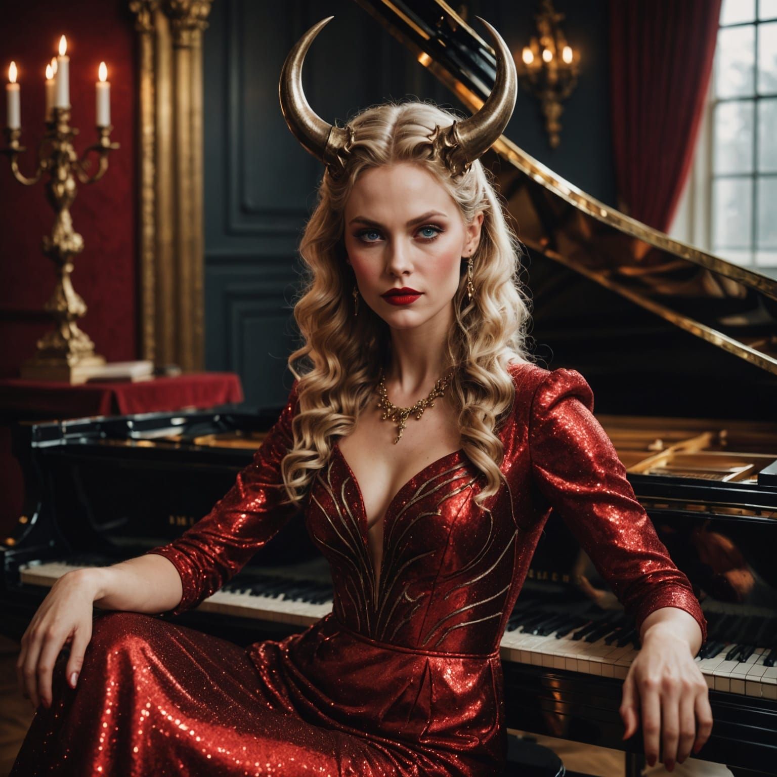 Ethereal Demon Siren Plays Piano in Opulent Red Dress