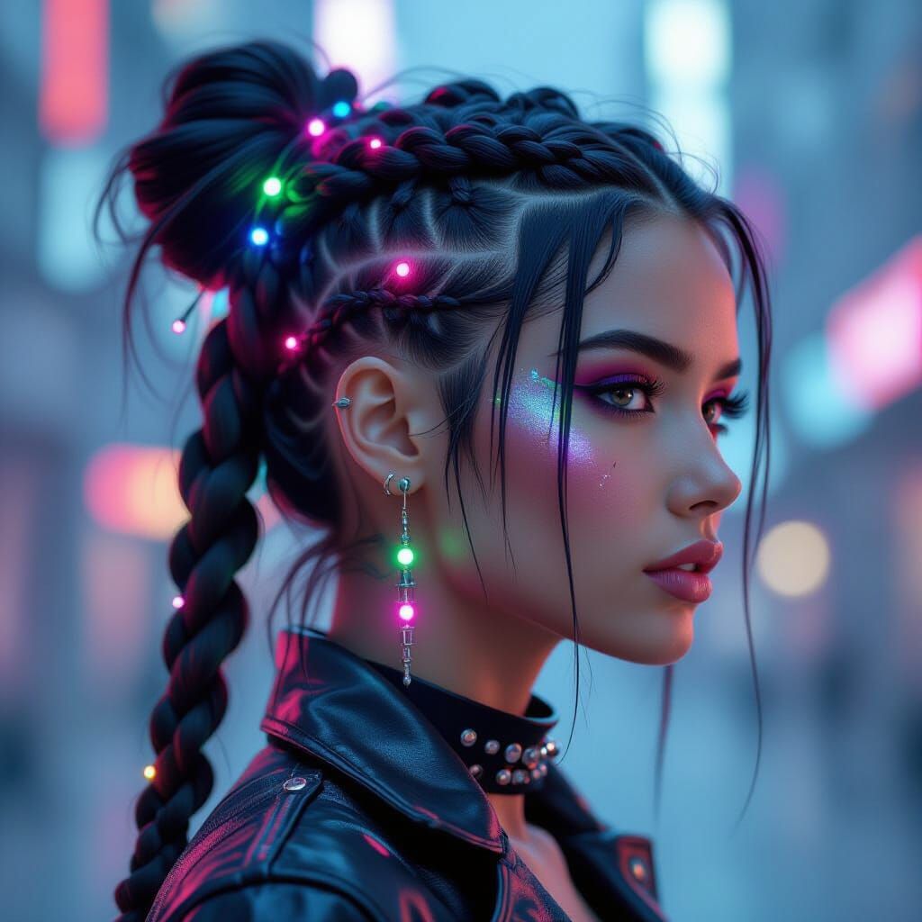 Cyberpunk Woman with Geometric Hair Sculpture