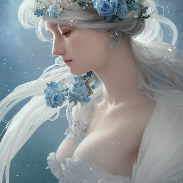 Snow Goddess Portrait with Blue Roses in Art Nouveau Style