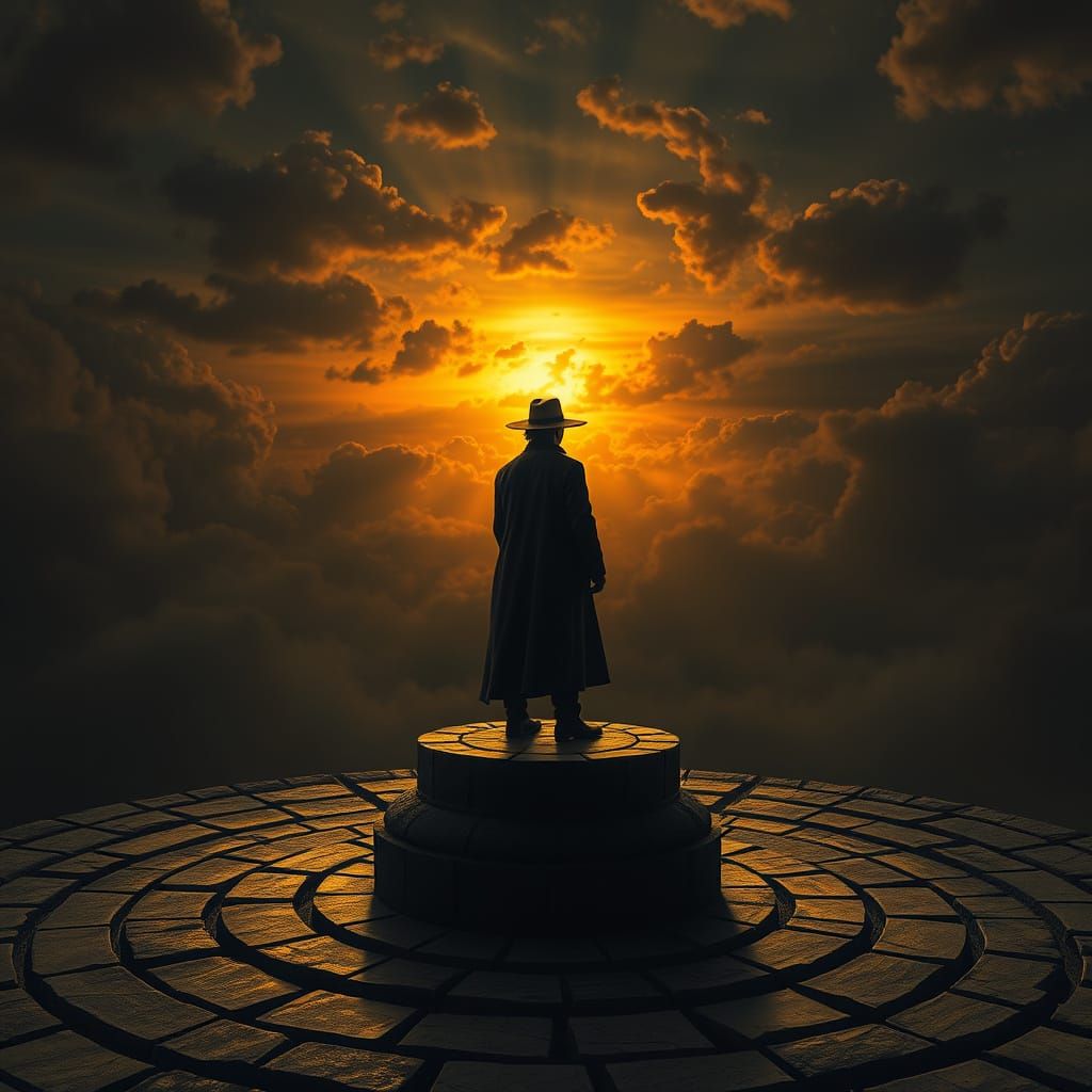 Mysterious Figure Admires Dark Sun in Ancient Landscape