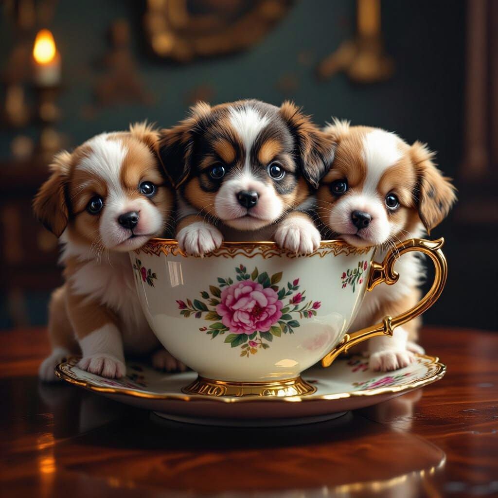 Clumsy Puppies Peer Over Giant Teacup in Fantasy Art