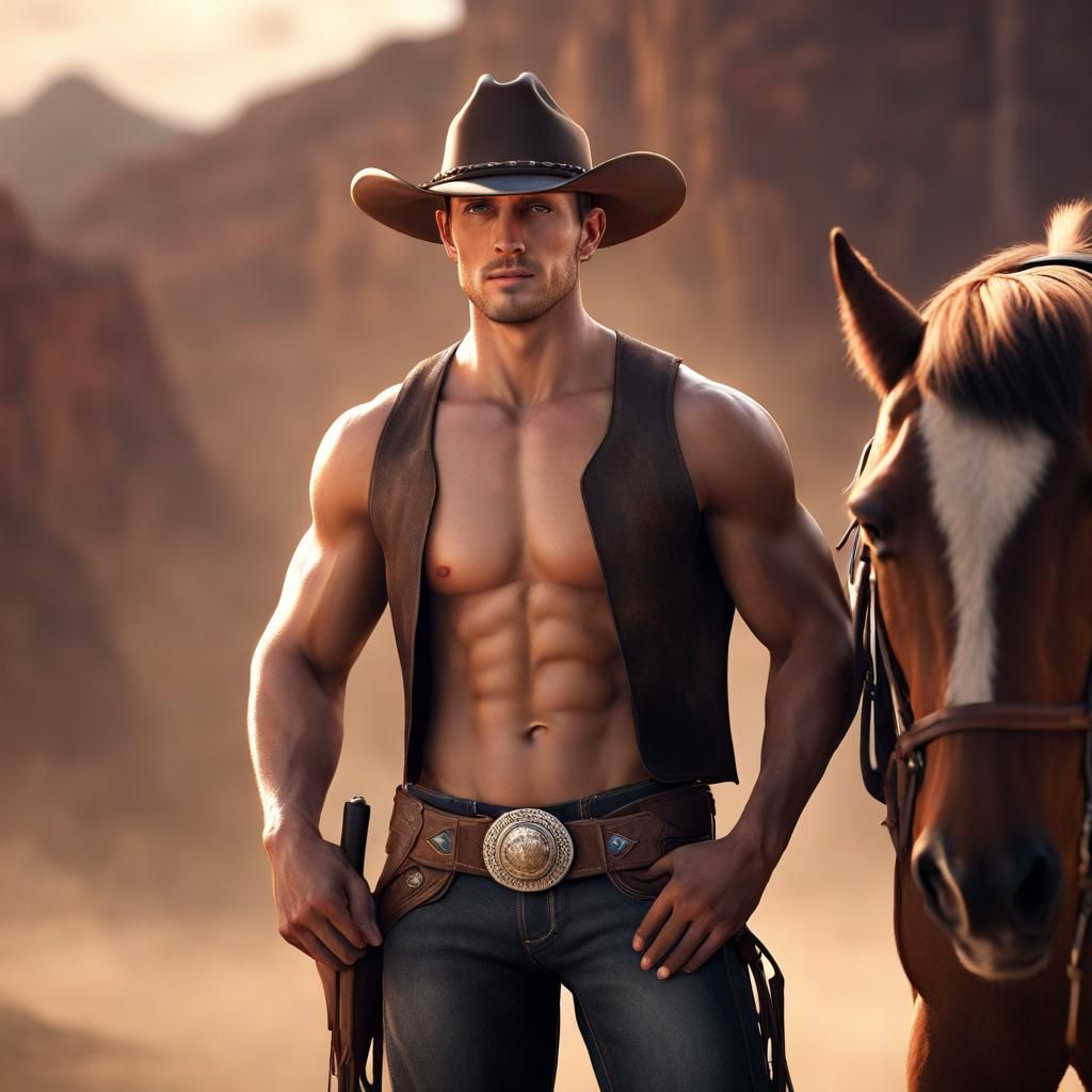 Cowboy on Quarter Horse, Detailed Matte Painting