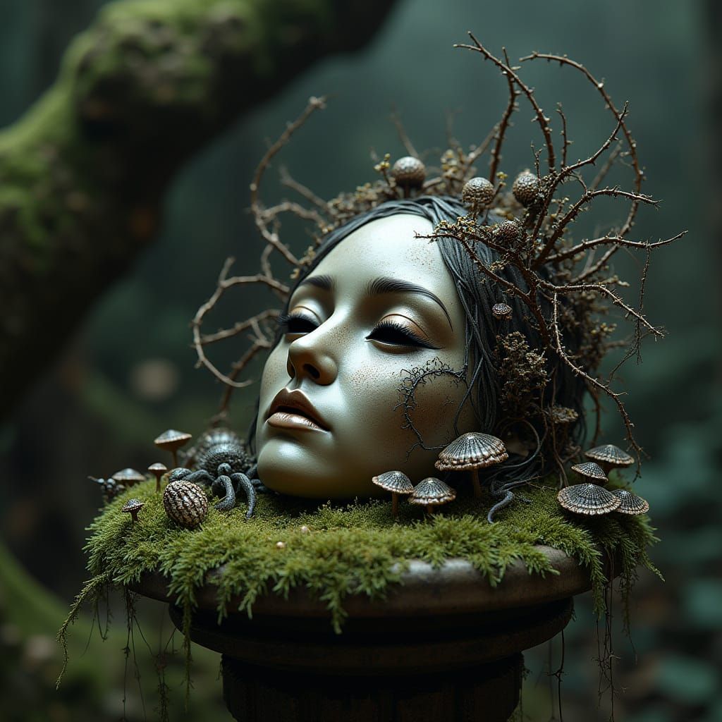 Bronze Mask in Grotto with Spiders, Art Nouveau Style