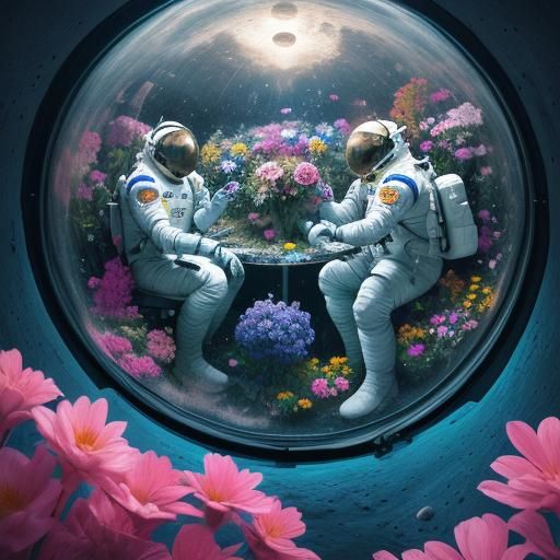 Astronauts in Lunar Dome Tend Flowers: Splash Art
