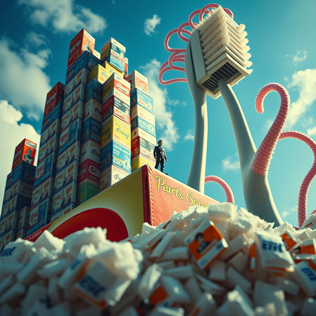 Surreal Cereal Box World in Magritte-Escher Style