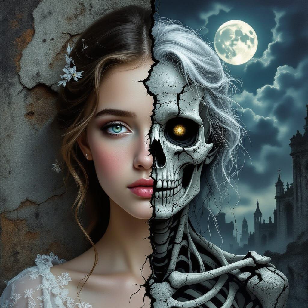 Surreal Portrait of Beauty and Decay in Gothic Horror Style