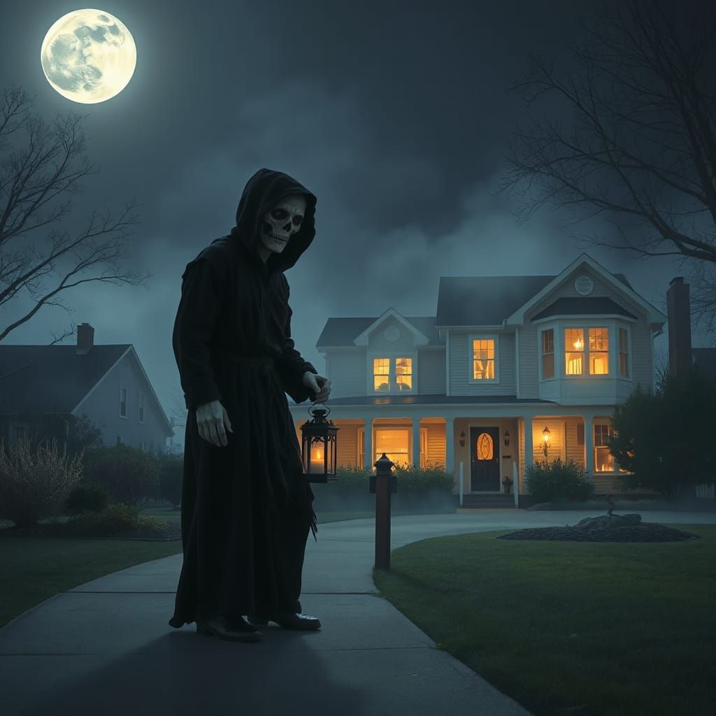 Grim Reaper at Door Under Moonlight: Digital Art