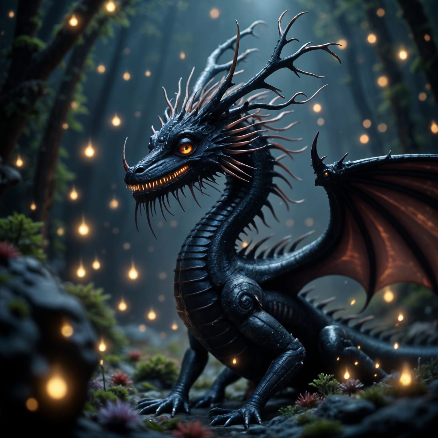 Black Dragon with Glowing Spines and Fireflies