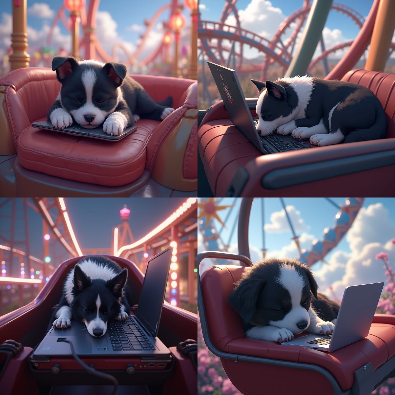 Black and White Dog Sleeping on Laptop During Theme Park Rid...